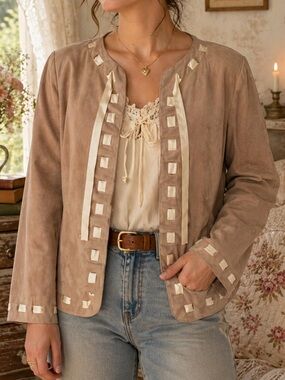 Bradley Bayou Med Genuine Suede Ribbon Trim Leather Jacket Cottage Core Coquette